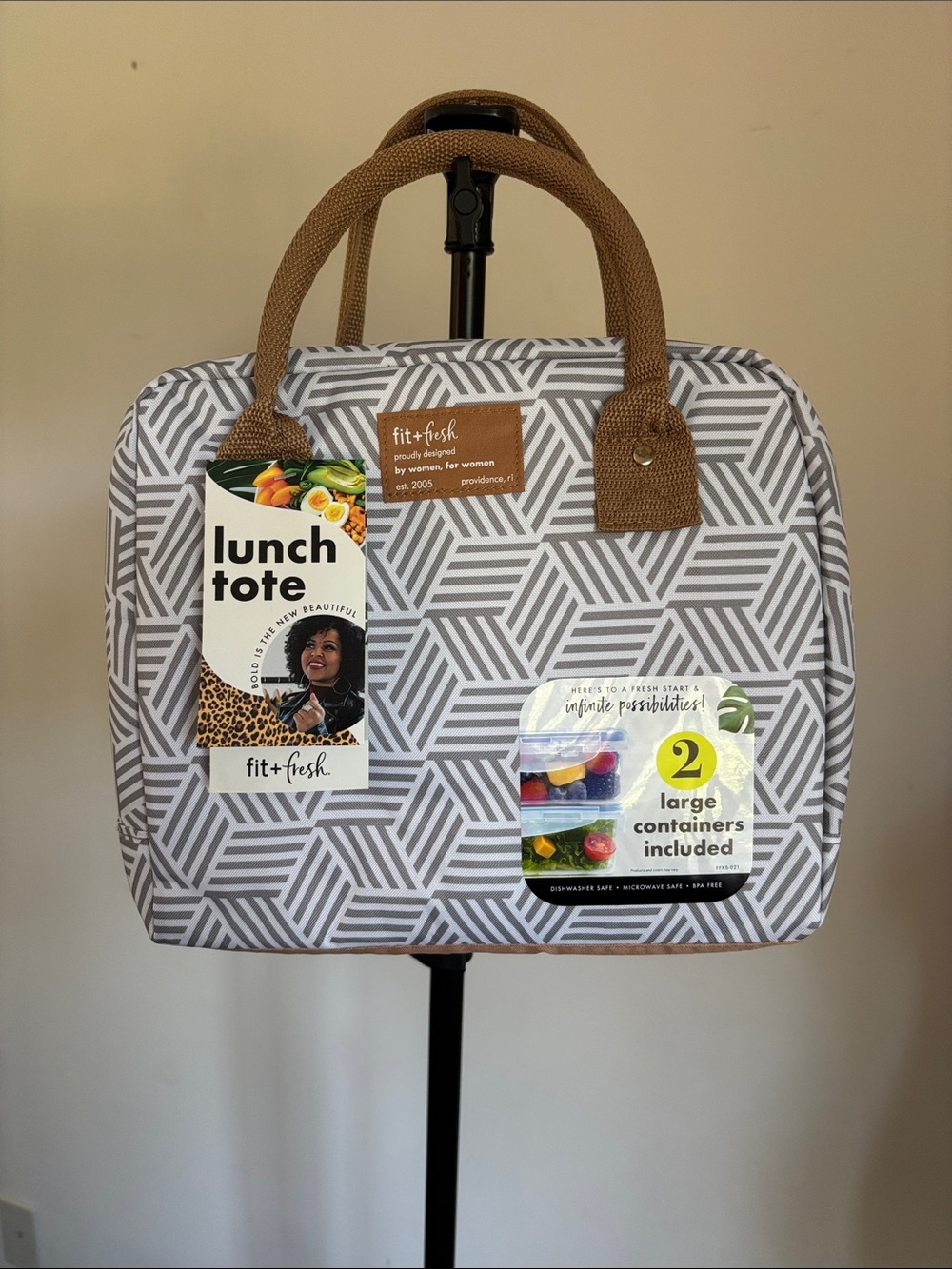 Fit + Fresh Gray Geometric Tote Lunch Bag with Brown Handles